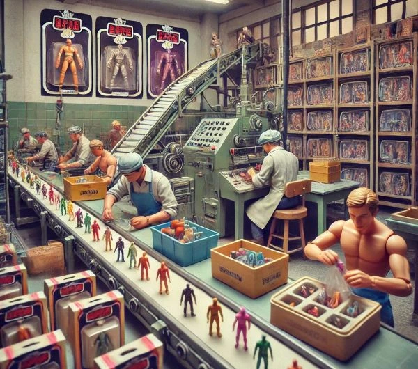 Bonecos colecionáveis dos anos 80 em bastidores de produção artesanal